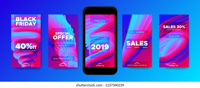 Wave Flyers for Phone Screen. Story Templates Set. Sales Promotion in Social Media. Colorful 3d Poster with Wave Liquid Shapes. Smart Phone Screen Wallpapers Set. Gradient Waves with Movement Effect.