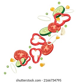 Wave flying sliced salad components. Fresh falling cut vegetables. vegan menu ingredients. Organic food vector illustration.