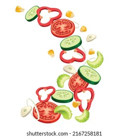 Wave flying sliced salad components. Fresh falling cut vegetables. vegan menu ingredients. Organic food vector illustration.