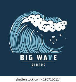 Wave with foam for surfing hawaii print. Wavy sea or ocean for nautical t-shirt design. Logo of summer marine tide