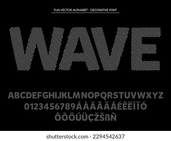 Wave Font, dekoratives Alphabet. Briefe und Zahlen einzeln auf schwarzem Hintergrund. Für Verpackung, Plakat, Banner, T-Shirt, Broschürendesign. Vektorgrafik