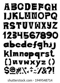 Wave font with letters, numbers and signs. Vector illustration.