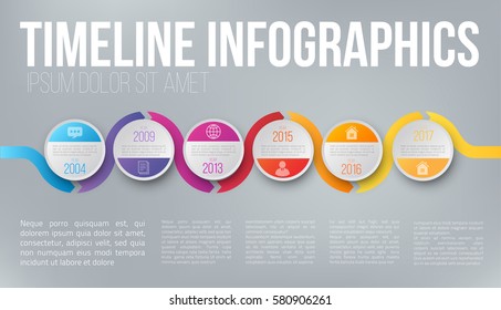 Wave form colorful business timeline infographic. Template of company history with circle and wobble line for presentation, prints, web and posters