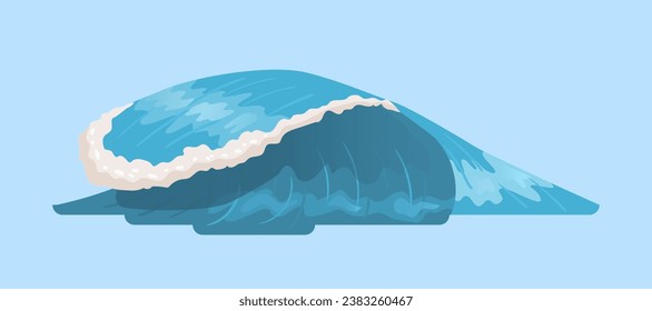 Concepto de forma ondulada. Mar o océano en países tropicales y exóticos. Un lugar para el surf. Pegatina para redes sociales y mensajeros. Dibujo vectorial plano de dibujos animados aislado en fondo azul