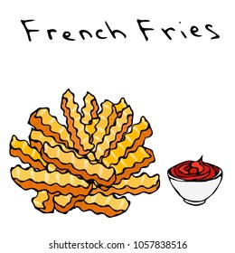 Wave Form French Fries and Bowl of Red Tomato Ketchup Fried Potato. Figure Knife Cuts of Potato Vegetable. Fast Food or Street Food Cuisine. Realistic Hand Drawn Illustration. Savoyar Doodle Style.