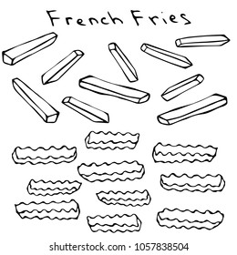 Wave Form French Fries. Fried Potato. Figure Knife Cuts of Potato Vegetable. Carved Cooking Ingredient, Fast Food or Street Food Cuisine. Realistic Hand Drawn Illustration. Savoyar Doodle Style.