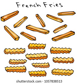 Wave Form French Fries. Fried Potato. Figure Knife Cuts of Potato Vegetable. Carved Cooking Ingredient, Fast Food or Street Food Cuisine. Realistic Hand Drawn Illustration. Savoyar Doodle Style.