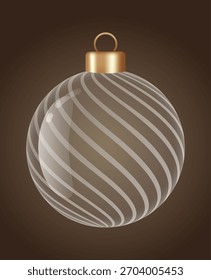 Wave glass ornament vector bauble for stylish Christmas and New Year decor. Transparent glass sphere vector illustration for festive xmas 3D graphic.