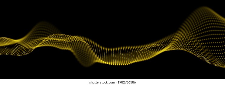 Ola de partículas de oro. Resumen del fondo de flujo de tecnología. Patrón de malla sonora o paisaje de rejilla. La estructura de datos digitales consiste en elementos de punto. Ilustración vectorial futura.