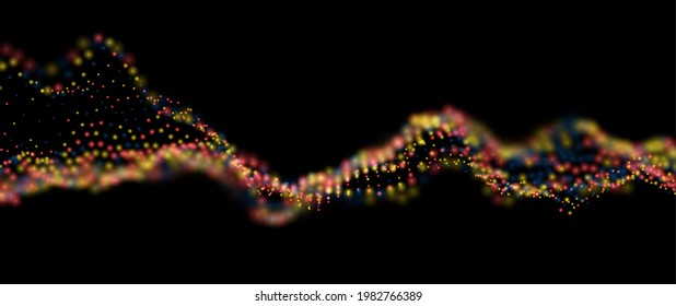 Wave of gold particles. Abstract technology flow background. Sound mesh pattern or grid landscape. Digital data structure consist dot elements. Future vector illustration.