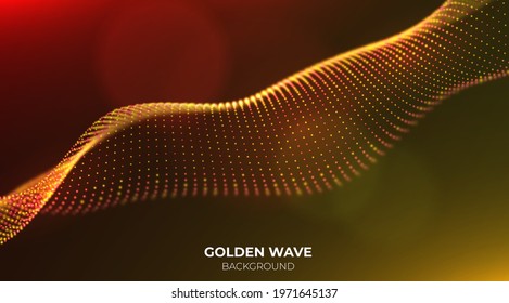 Wave of golden particles. Abstract technology flow background. Sound mesh pattern or grid landscape. Digital data structure consist dot elements. Future vector illustration.