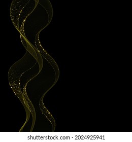 Ola con partículas brillantes doradas sobre un fondo negro. Elemento de diseño festivo