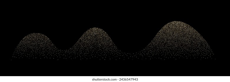 Wave grain stipple golden pattern background. Gold noise dotwork texture, abstract dot stipple lines, sand grain effect, vector illustration isolated on black background.