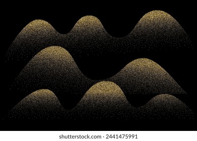 Wave grain stipple golden pattern background. Gold noise dotwork texture, abstract dot stipple lines, sand grain effect, vector illustration isolated on black background.