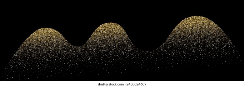 Wave grain stipple golden pattern background. Gold noise dotwork texture, abstract dot stipple lines, sand grain effect, vector illustration isolated on black background.