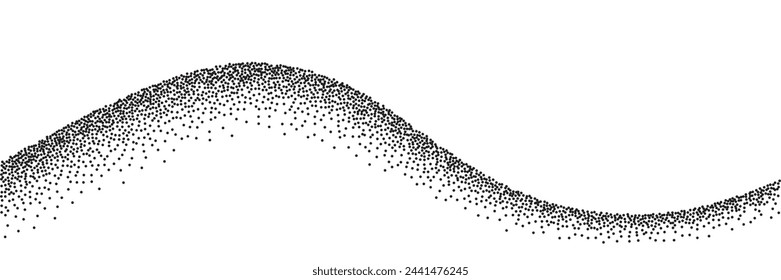 Wave grain stipple pattern background. Black noise dotwork texture, abstract dot stipple lines, sand grain effect, vector illustration isolated on white background.