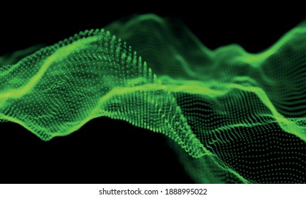 Wave of green particles. Abstract technology flow background. Sound mesh pattern or grid landscape. Digital data structure consist dot elements. Future vector illustration.