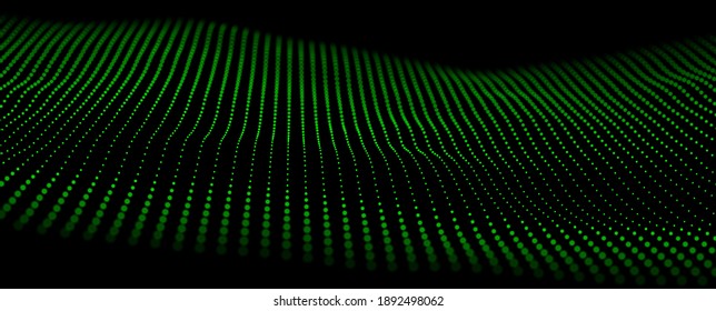 Welle von grünen Partikeln. Abstrakter Technologiestrom-Hintergrund. Klang-Maschenmuster oder Gitterlandschaft. Digitale Datenstruktur besteht aus Punktelementen. Künftige Vektorgrafik.
