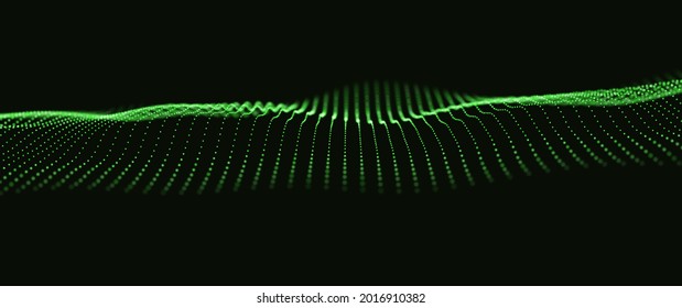 Wave of green particles. Abstract technology flow background. Sound mesh pattern or grid landscape. Digital data structure consist dot elements. Future vector illustration.