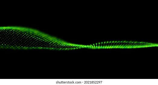 Wave of green particles. Abstract technology flow background. Sound mesh pattern or grid landscape. Digital data structure consist dot elements. Future vector illustration.