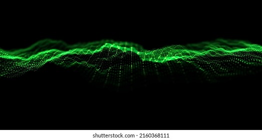 Wave of green particles. Abstract technology flow background. Sound mesh pattern or grid landscape. Digital data structure consist dot elements. Future vector illustration.