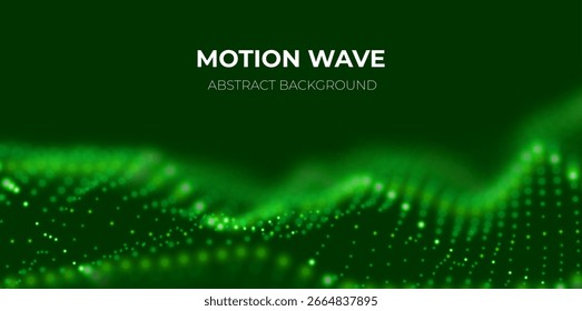 Wave of green particles. Abstract technology flow background. Sound mesh pattern or grid landscape. Digital data structure consist dot elements. Future vector illustration.