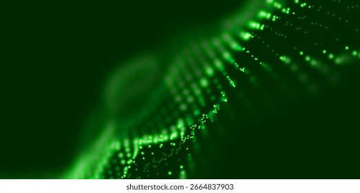 Ola de partículas verdes. Fondo de flujo de tecnología Abstractas. Patrón de malla de sonido o paisaje de rejilla. La estructura de datos digital consiste en Elementos de puntos. Futura Ilustración vectorial.