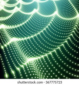 Wave Grid Background. Ripple Grid. Lattice Background. Abstract Vector Illustration. Cyberspace Grid. 3D Technology Style. Glowing Grid. Wireframe illustration with Dots. Network Design with Particle