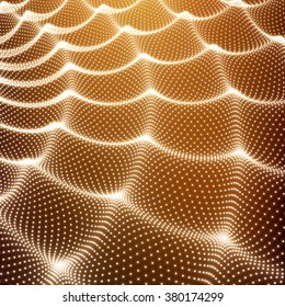 Fondo de la rejilla ondulada. Cuadrícula de ondas. Fondo del Entramado. Ilustración de vectores abstractos. Ciberespacio Grid. Estilo De Tecnología 3D. Cuadrícula brillante. Ilustración del marco de cables con puntos. Diseño de red con partícula