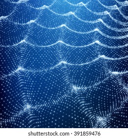 Wave Grid Background. Ripple Grid. Lattice Background. Abstract Vector Illustration. Cyberspace Grid. 3D Technology Style. Glowing Grid. Wireframe illustration with Dots. Network Design with Particle