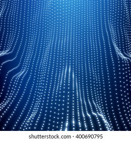 Wave Grid Background. Ripple Grid. Lattice Background. Abstract Vector Illustration. Cyberspace Grid. 3D Technology Style. Glowing Grid. Wireframe illustration with Dots. Network Design with Particle