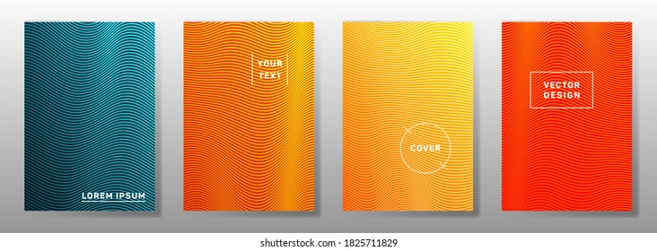 Wave halftone backgrounds cool cover layouts vector set. Bright curve stripes halftone patterns book covers design. Waves ripple texture flyer backdrops.