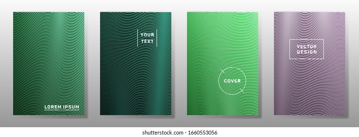 Wave halftone backgrounds dynamic cover layouts vector set. Vivid curve stripes halftone patterns catalog covers design. Waves ripple texture folder backdrops.