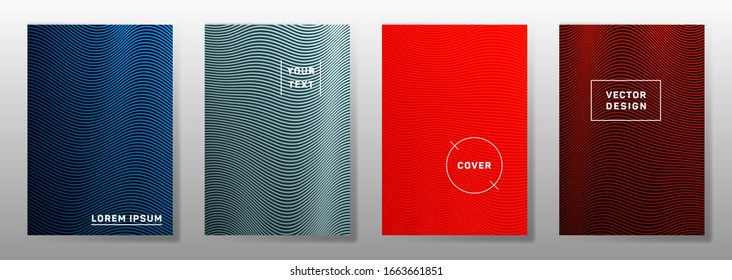 Wave halftone backgrounds dynamic cover templates vector collection. Geometric wavy lines halftone patterns book covers design. Waves ripple texture presentation backdrops.