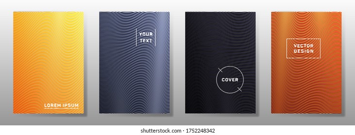 Wave halftone backgrounds elegant cover templates vector set. Bright wavy lines halftone patterns booklet covers design. Waves ripple texture banner backdrops.