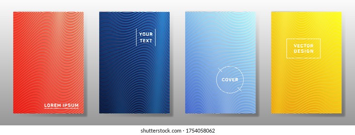 Wave halftone backgrounds modern cover layouts vector set. Dynamic curve stripes halftone patterns magazine covers design. Waves ripple texture folder backgrounds.