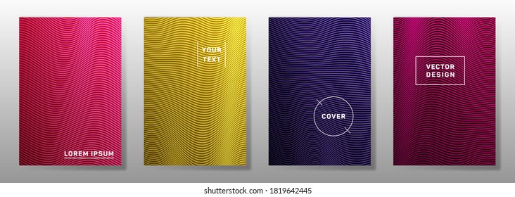 Wave halftone backgrounds simple cover layouts vector set. Vivid curve stripes halftone patterns brochure covers design. Waves ripple texture banner backgrounds.