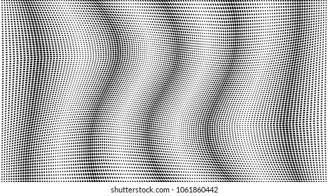 Wave halftone dots pattern texture background. Black pixels. Modern dotted vector illustration. Abstract wavy lines. Points backdrop. Grungy spotted pattern. Wide image
