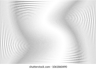Wave halftone dots pattern texture background. Black pixels. Modern dotted vector illustration. Abstract wavy lines. Points backdrop. Grungy spotted pattern. Wide image