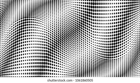 Wave halftone dots pattern texture background. Black pixels. Modern dotted vector illustration. Abstract wavy lines. Points backdrop. Grungy spotted pattern. Wide image