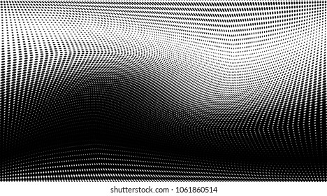 Wave halftone dots pattern texture background. Black pixels. Modern dotted vector illustration. Abstract wavy lines. Points backdrop. Grungy spotted pattern. Wide image