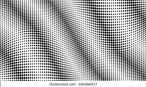 Wave halftone dots pattern texture background. Black pixels. Modern dotted vector illustration. Abstract wavy lines. Points backdrop. Grungy spotted pattern. Wide image