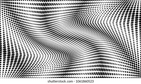 Wave halftone dots pattern texture background. Black pixels. Modern dotted vector illustration. Abstract wavy lines. Points backdrop. Grungy spotted pattern. Wide image