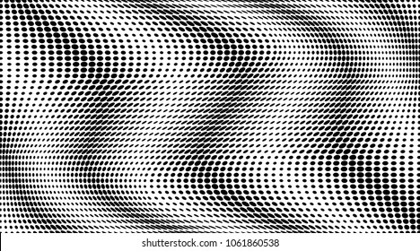 Wave halftone dots pattern texture background. Black pixels. Modern dotted vector illustration. Abstract wavy lines. Points backdrop. Grungy spotted pattern. Wide image