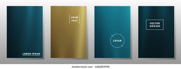 Wave halftone gradients minimal cover pages vector collection. Geometric wavy lines halftone patterns magazine covers design. Waves ripple texture folder backdrops.