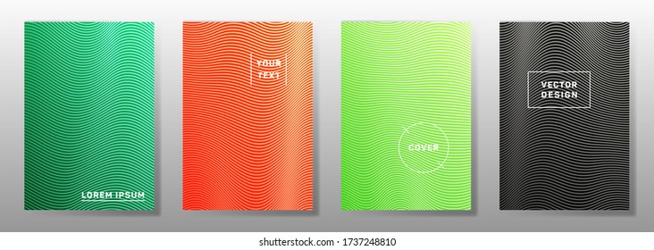 Wave halftone gradients simple cover pages vector collection. Vivid curve stripes halftone patterns brochure covers design. Waves ripple texture flyer backgrounds.