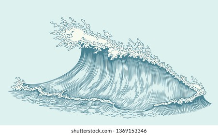 Wave. Hand drawn engraving. Editable vector vintage illustration. Isolated on light background. 8 EPS