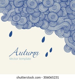 Wave hand-drawn doodle. Vector wavy background with raindrops. Autumn theme. Can be used for tickets, congratulations, label, etc