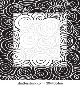 Wave hand-drawn pattern, waves frame square  abstract background curled pattern vintage black and white