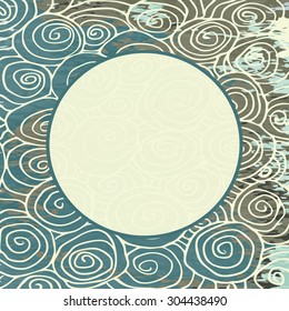 Wave hand-drawn pattern, waves frame circle abstract background curled pattern vintage grange